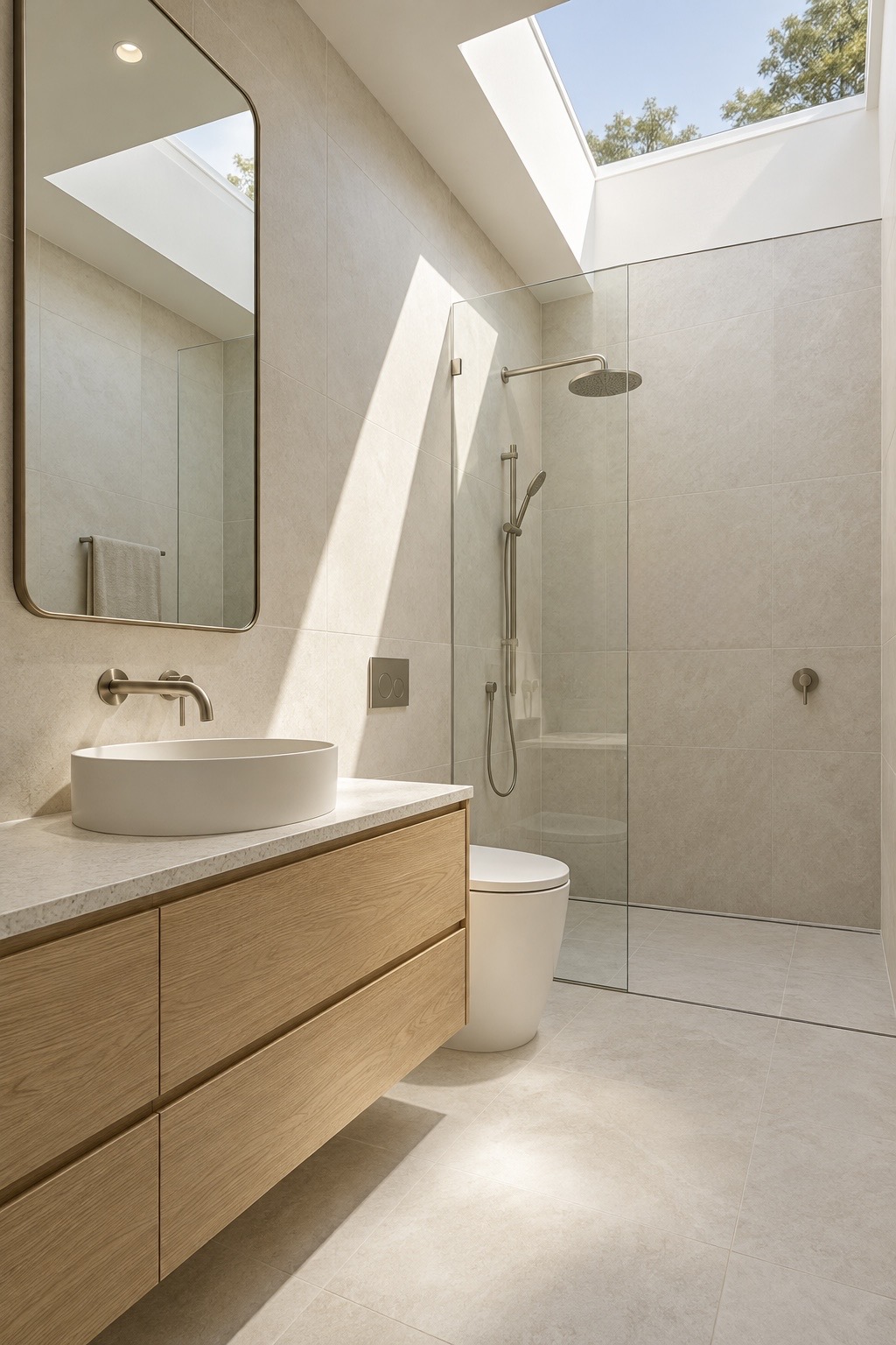 Contemporary bathroom with natural stone, timber cabinetry and skylights, shown as design reference imagery and not as photography of the Residential Renovation project